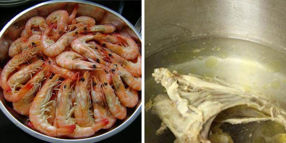 Luộc tôm và xương gà