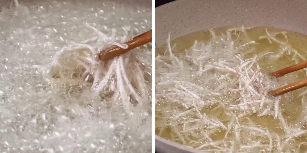 Chiên khoai môn làm chả giò