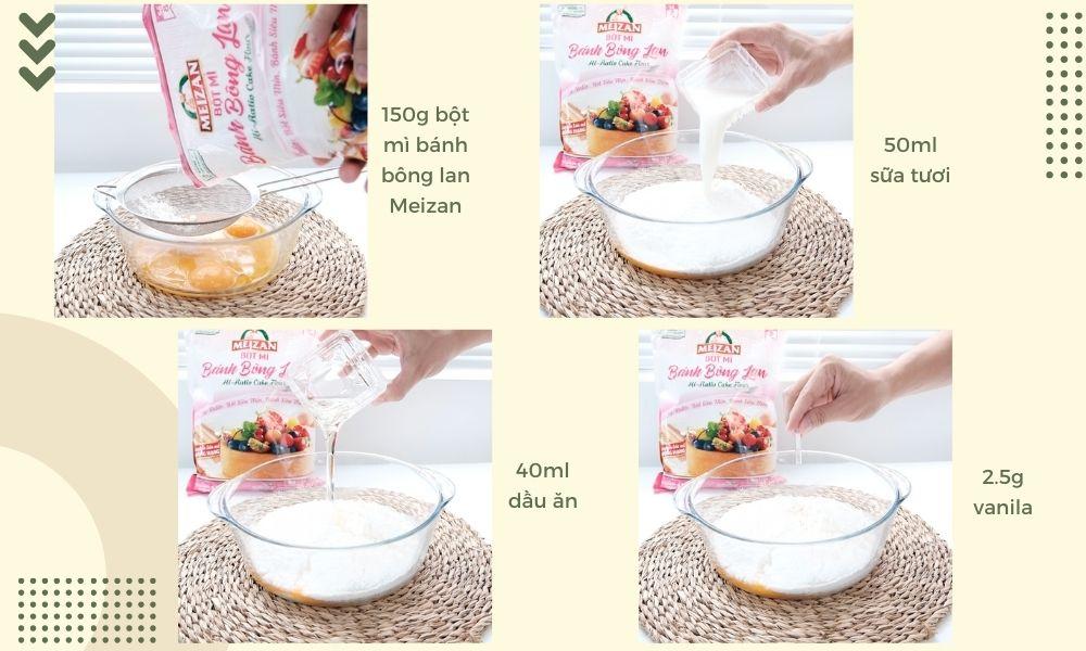 Trộn bột và các nguyên liệu vào lòng đỏ trứng