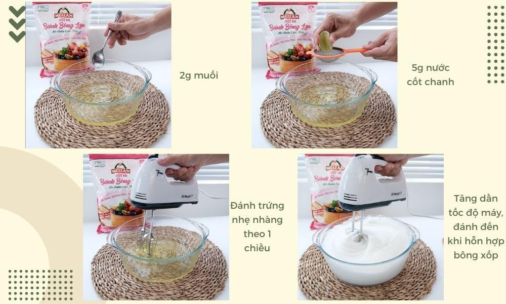 Cho muối, chanh và đường lầnn lượt vào đánh đến khi bông xốp