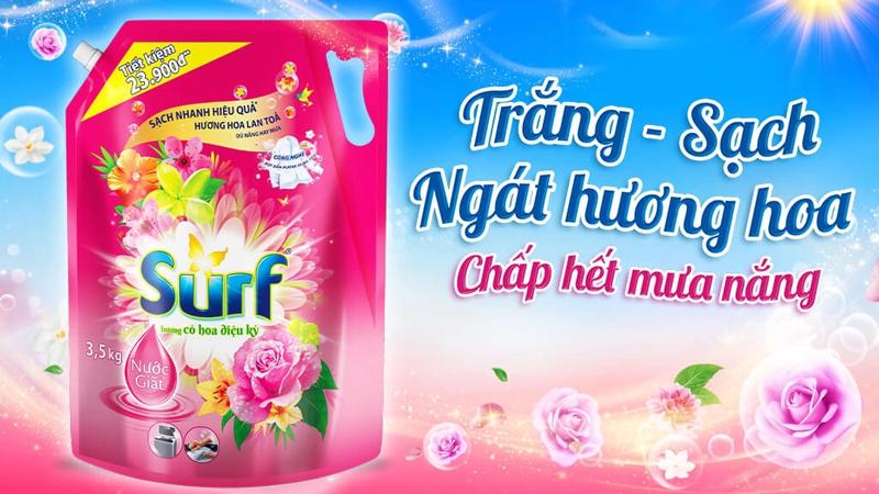 Nước giặt Surf giúp làm sạch hiệu quả và để lại cho quần áo cảm giác mềm mịn