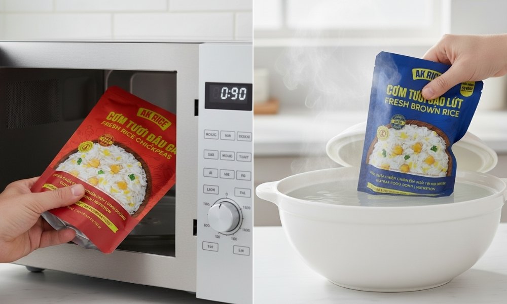 Hâm nóng cơm tươi AK Rice bằng lò vi sóng hoặc hấp bằng nước nóng