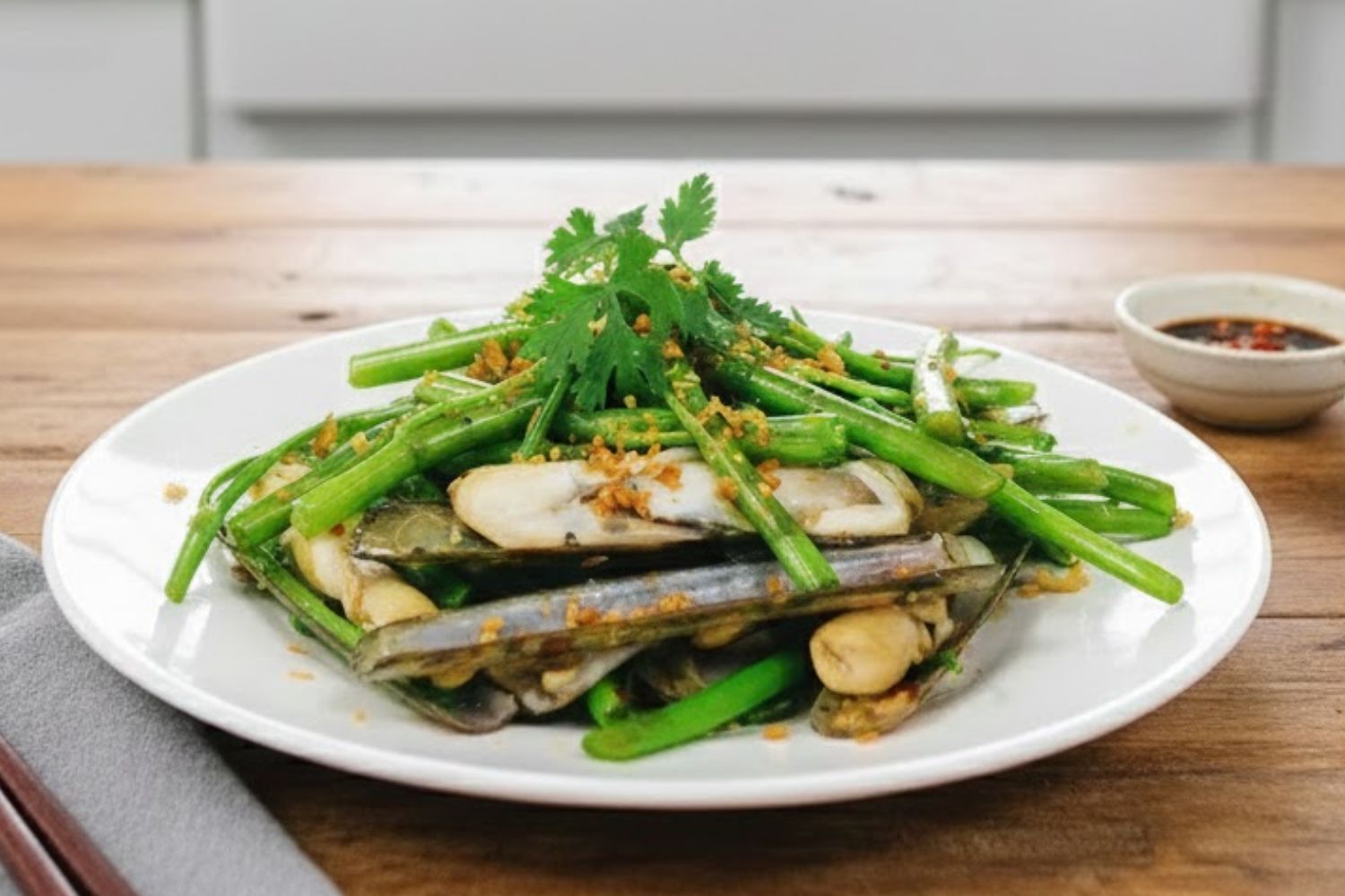 Rau muống xào ốc móng tay ngon