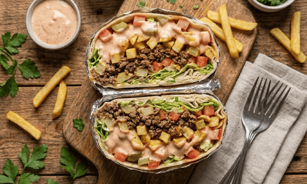 Bánh tacos Pháp cắt đôi lộ nhân thịt bò, khoai tây và sốt đặc trưng