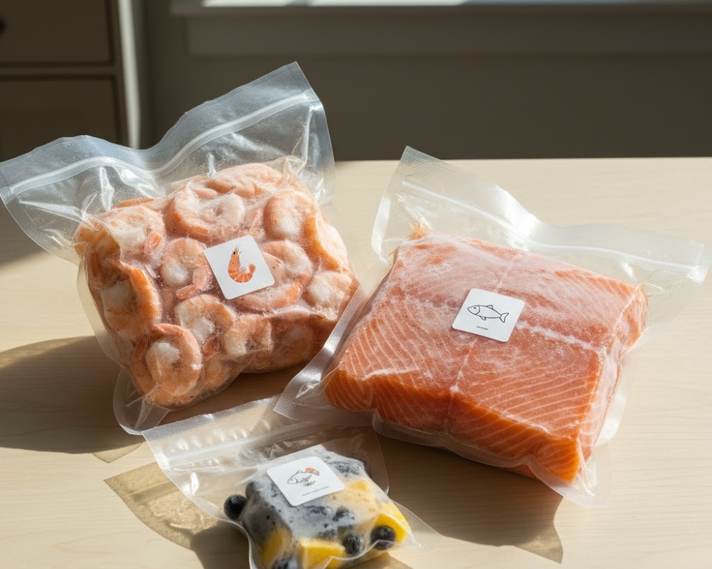 Khay tôm và cá hồi đông lạnh được đóng gói hút chân không