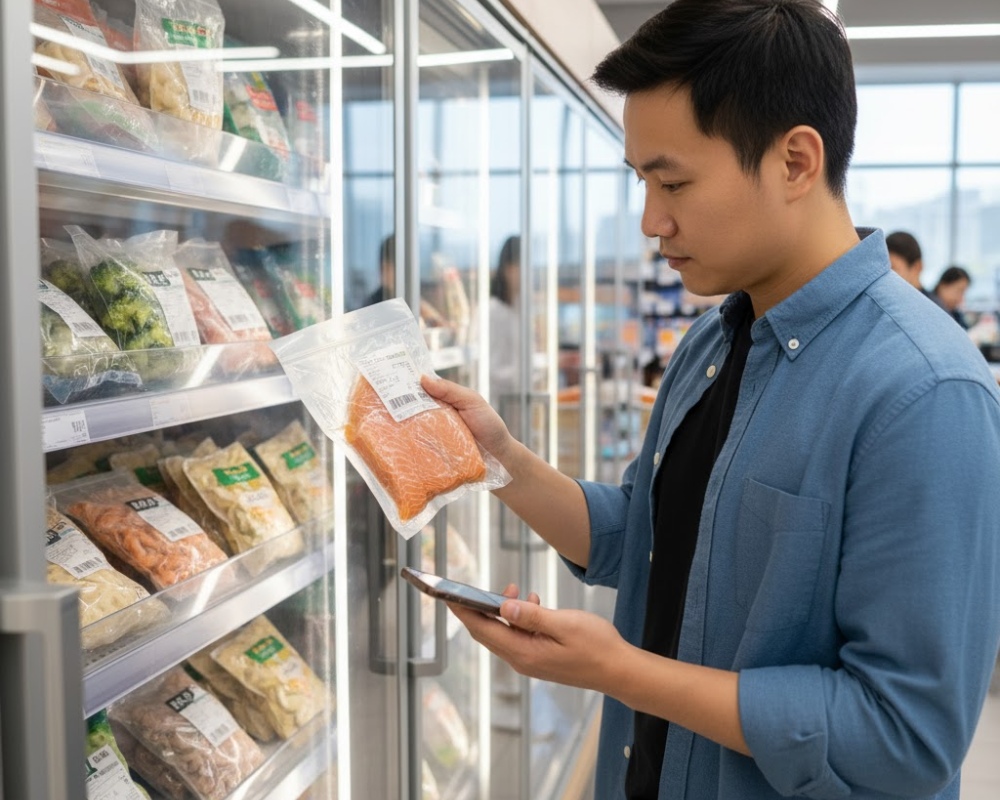 Người tiêu dùng kiểm tra bao bì và hạn sử dụng thực phẩm đông lạnh tại siêu thị