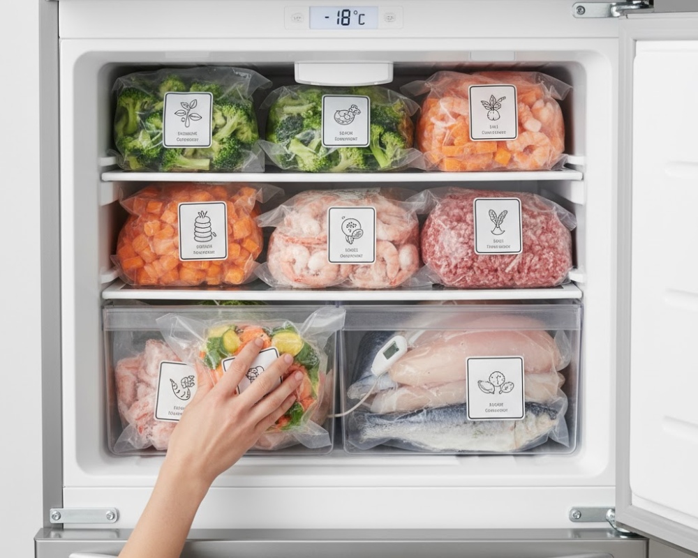 Thực phẩm đông lạnh được sắp xếp gọn gàng trong ngăn đông giữ nhiệt –18°C