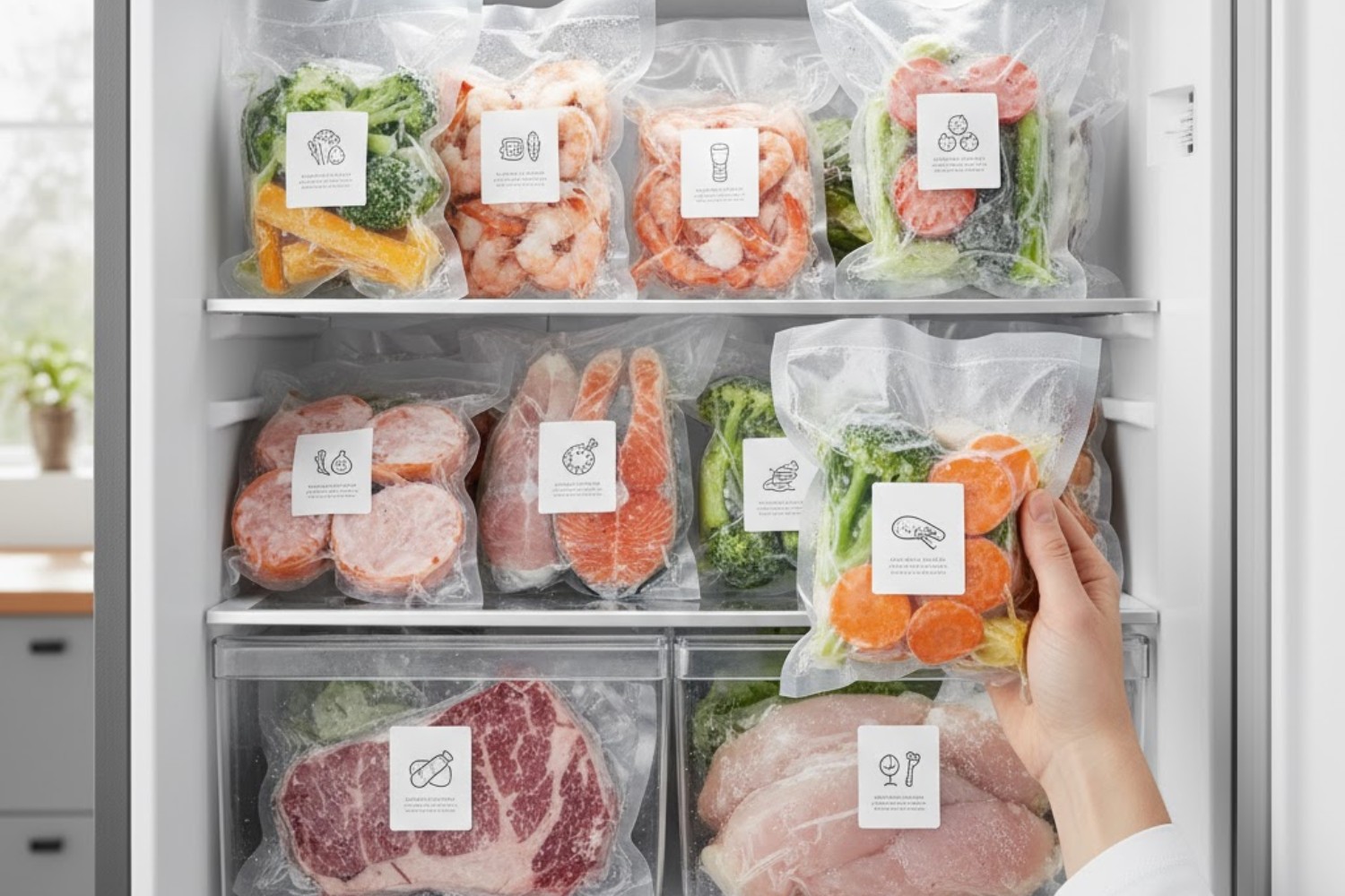 Các loại thực phẩm đông lạnh như rau củ, thịt, cá được bảo quản trong bao bì hút chân không