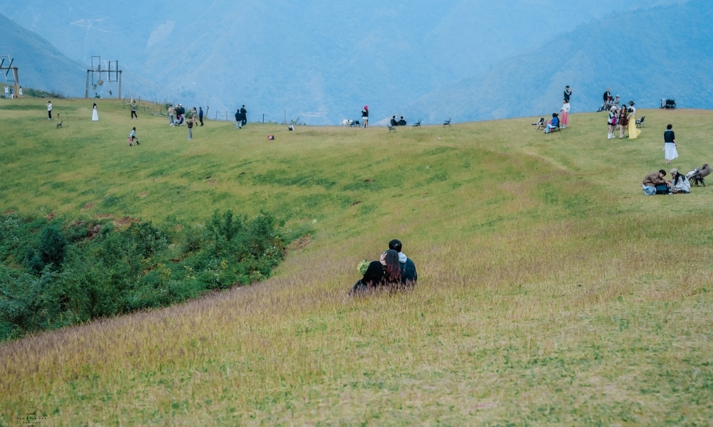 Khách du lịch thư giãn trên Thảo nguyên Tà Xùa cỏ xanh rộng lớn