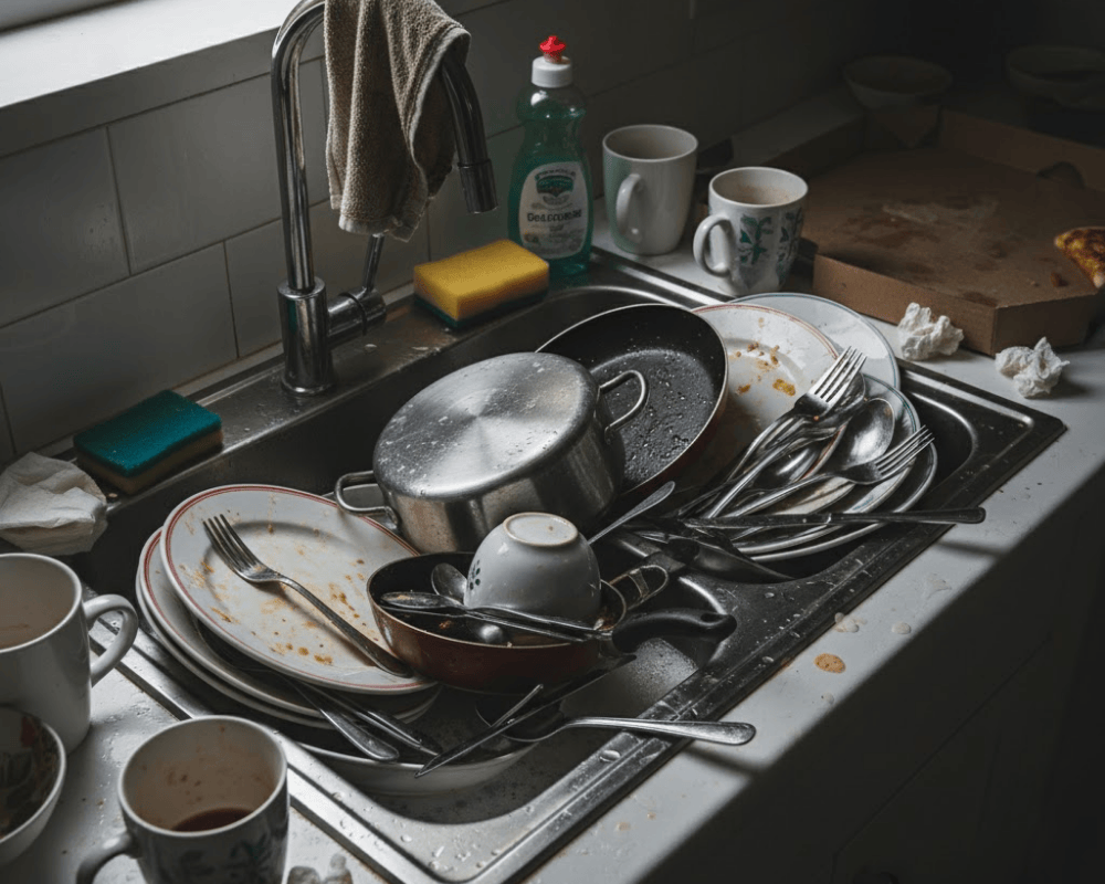 Bồn rửa đầy bát đĩa và xoong nồi chưa dọn