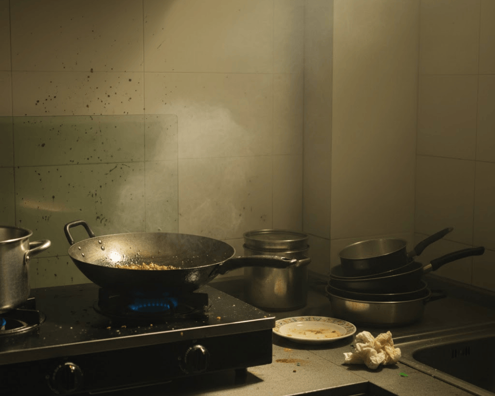 Cảnh nấu ăn với bếp và chảo bẩn sau khi chiên xào