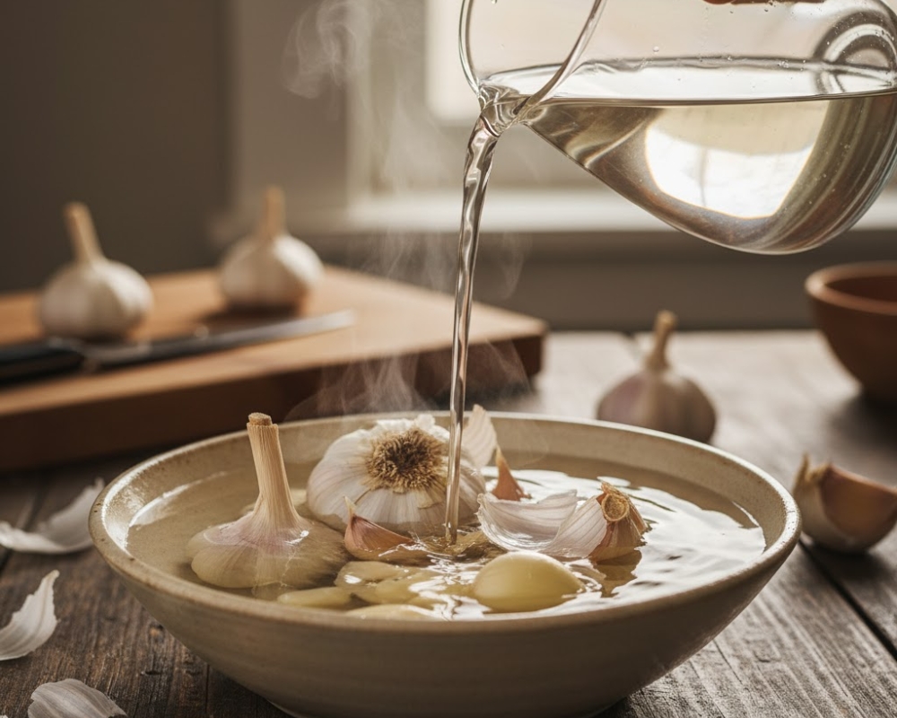 Ngâm tỏi khoảng khoảng 3-5 phút trong nước sôi sẽ giúp tỏi dễ tách hơn