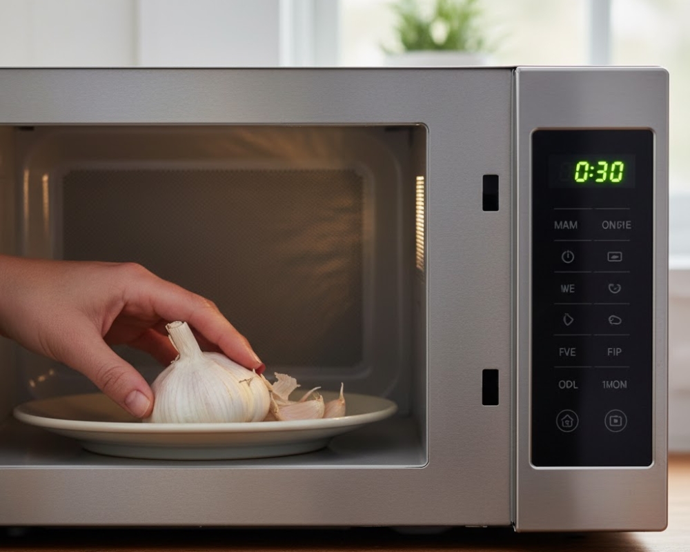 Sóng vi ba sẽ giúp hơi ẩm trong tép tỏi thoát ra, làm lớp vỏ bị nới lỏng.