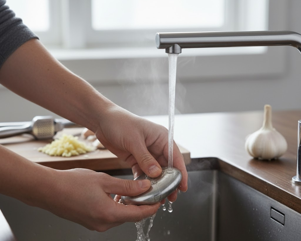 Sau khi bóc tỏi, chà xát nhẹ các ngón tay dưới vòi nước đang chảy với một vật dụng bằng thép không gỉ giúp bạn khử mùi tỏi nhanh