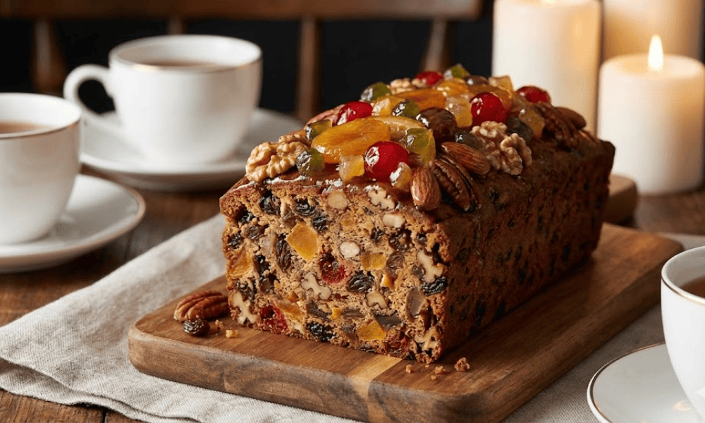 Fruitcake cắt lát đặt trên bàn tiệc Giáng Sinh