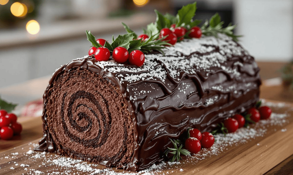 Bánh Yule Log trang trí thân cây theo phong cách Giáng Sinh