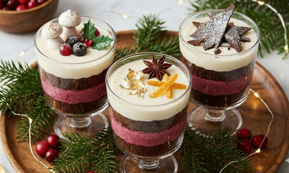 Bánh mousse đỏ trắng trang trí chuẩn phong cách Noel