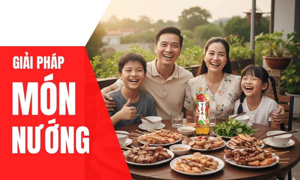 Trà Olong táo hạt chia và trái cây tươi giúp món nướng bớt ngán