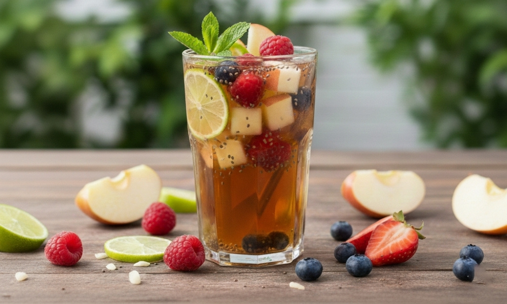 Trà Olong táo hạt chia và trái cây tươi giúp giải nhiệt, giảm cân