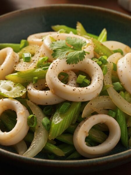 Cần tây xào mực ngon, giòn ngọt