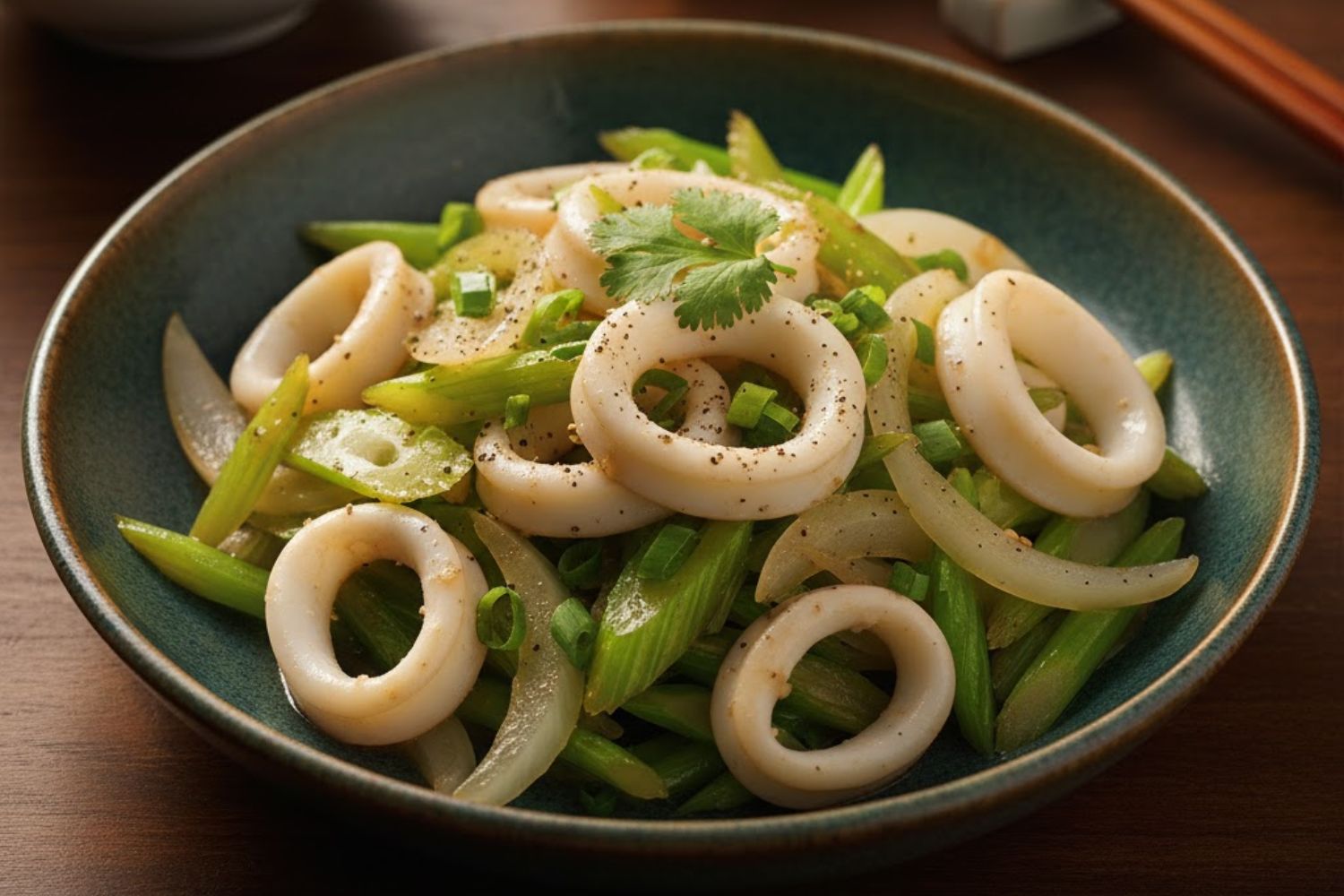 Cần tây xào mực ngon, giòn ngọt