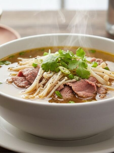 Canh thịt bò nấu nấm kim châm chuẩn ngon