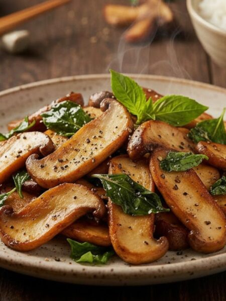 Nấm đùi gà xào húng quế thơm ngon, đậm vị