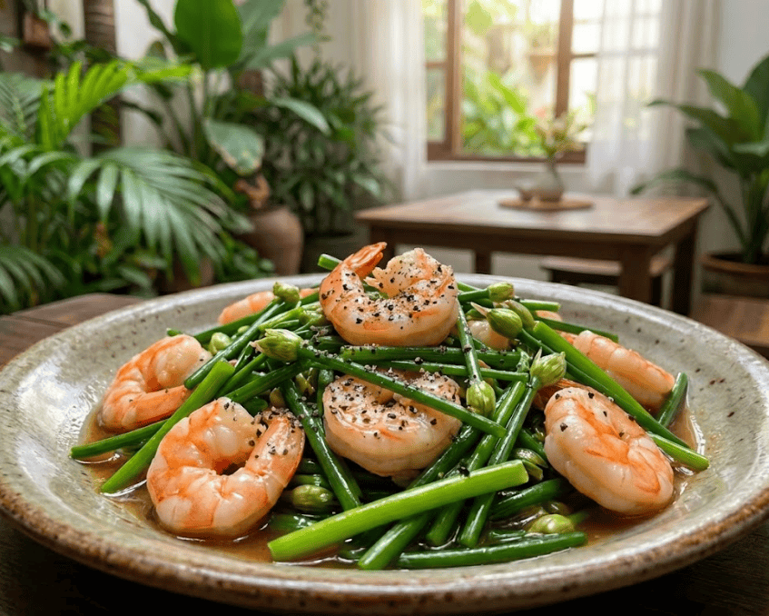 Món nõn tôm xào bông hẹ