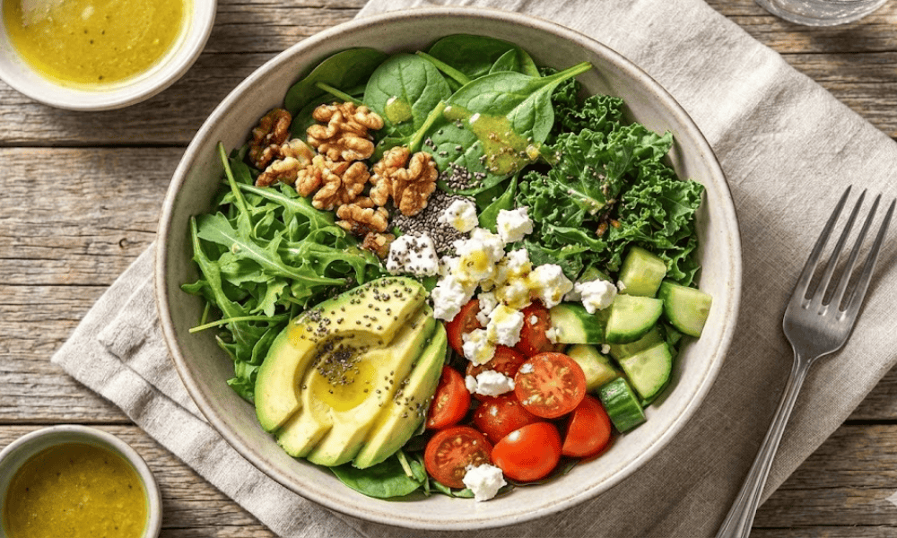 Salad hạt óc chó, hạt chia và rau xanh