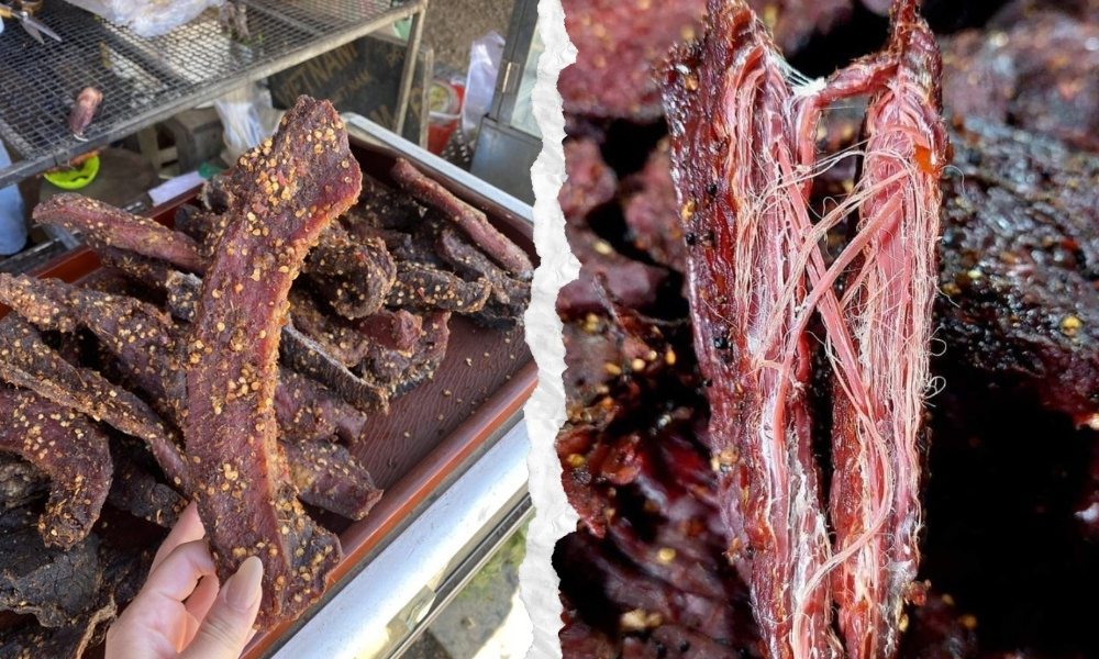 Thịt trâu gác bếp Tà Xùa, miếng thịt khô dai, tẩm gia vị rừng