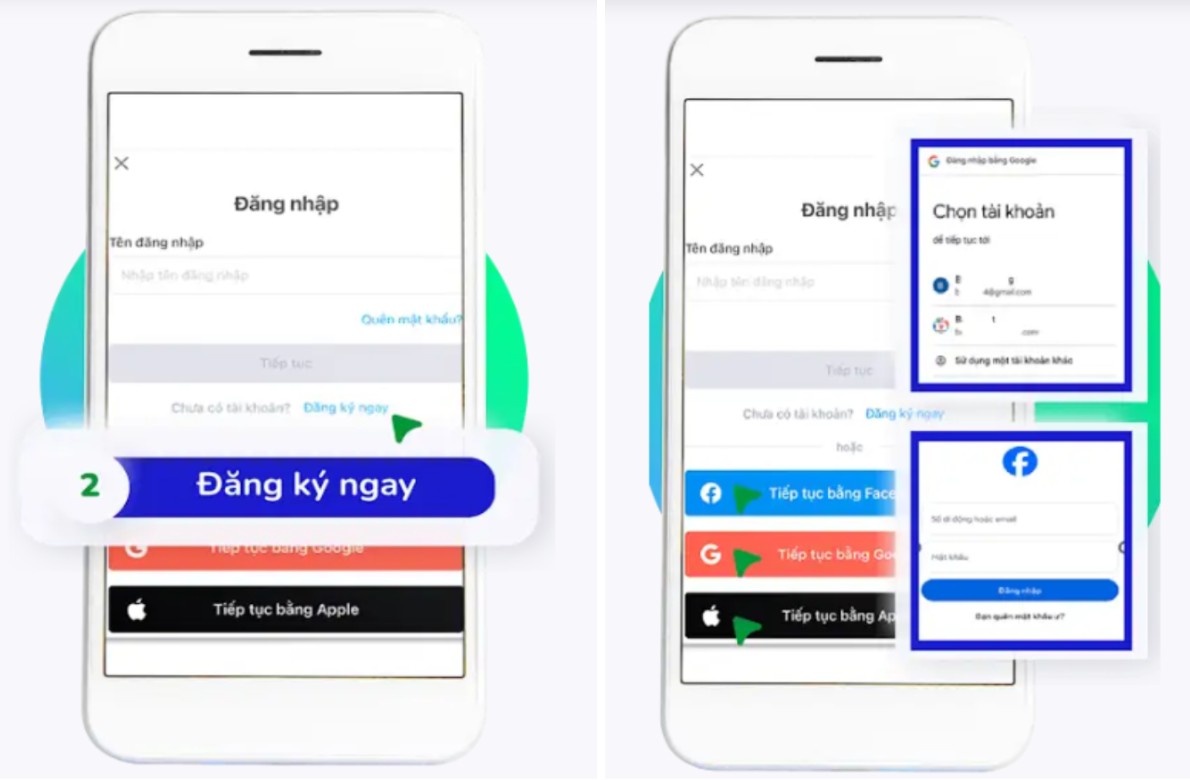 Đăng ký bằng số điện thoại hoặc facebook, Google, Appstore