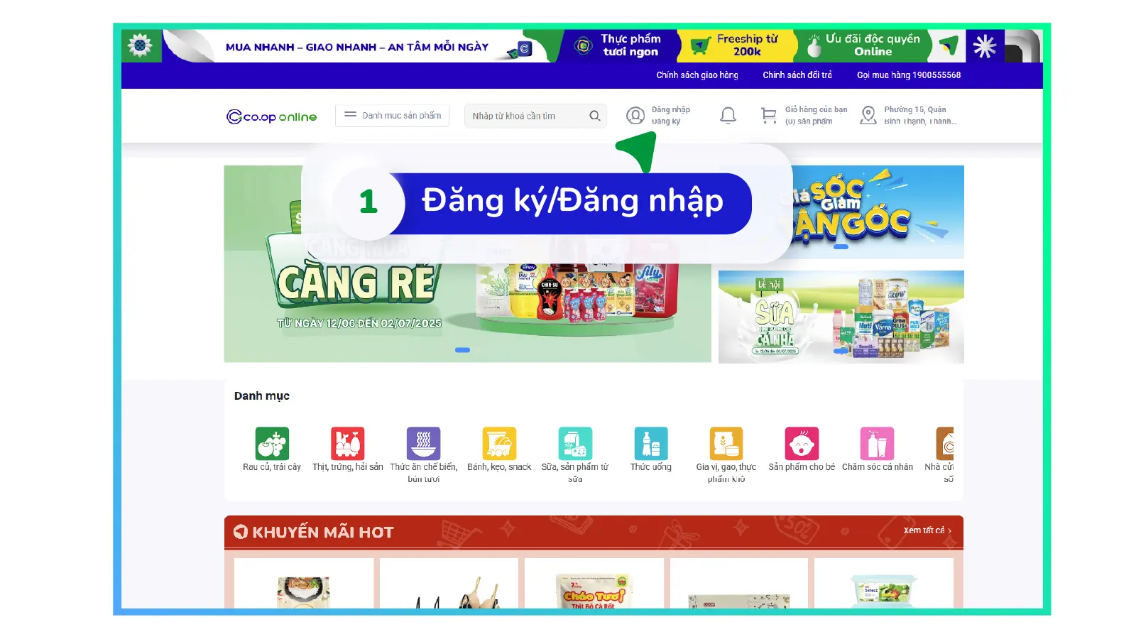 Truy cập cooponline.vn và chọn "Đăng nhập/Đăng ký"
