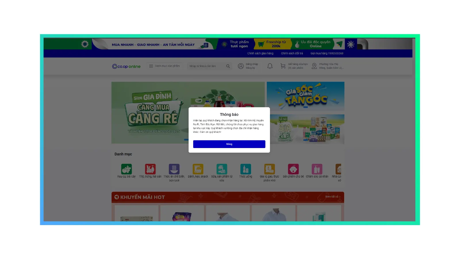 Chọn icon "Địa chỉ" để hệ thống hiển thị đúng các mặt hàng và khuyến mãi