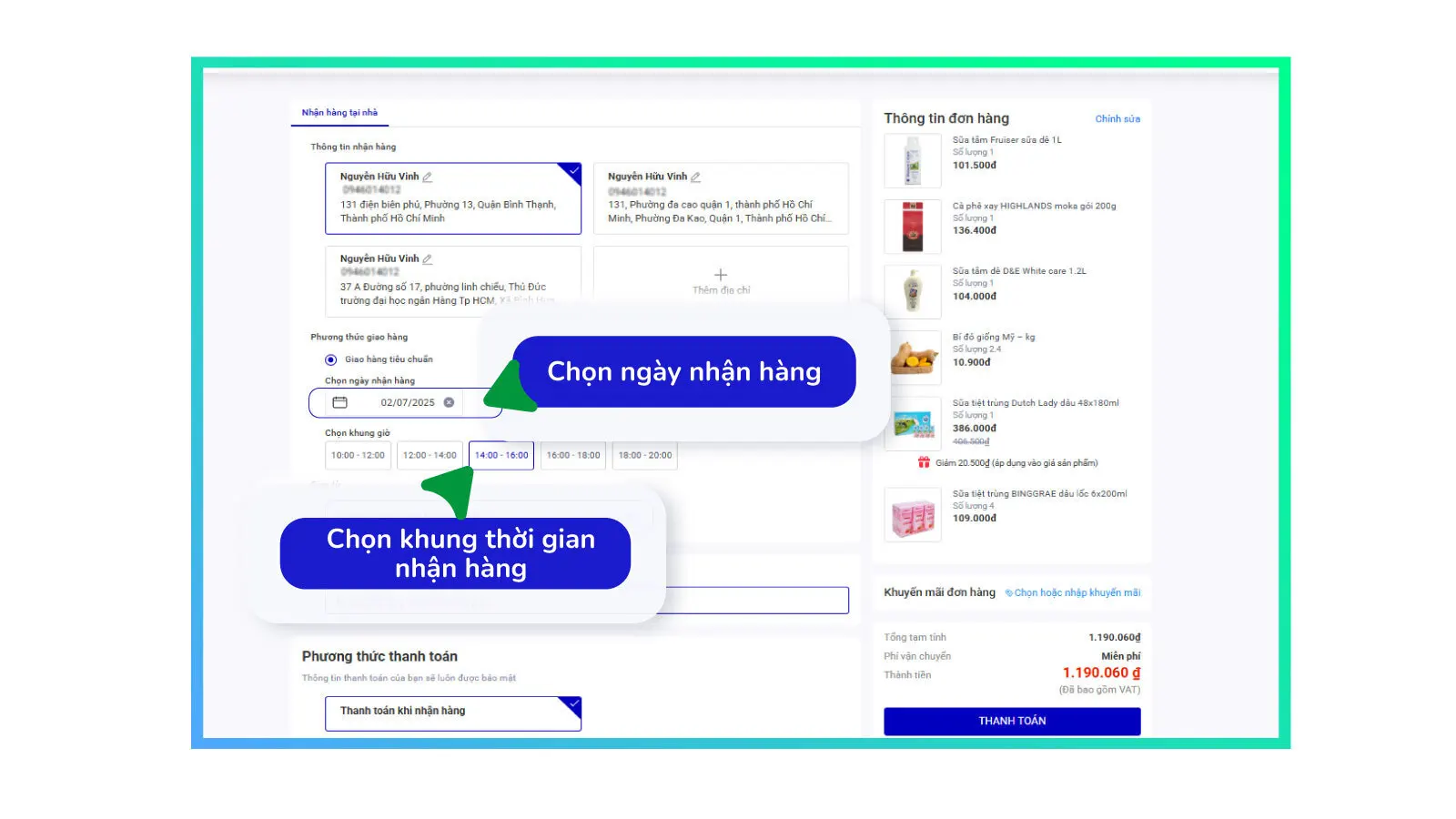 Chọn thời gian nhận hàng