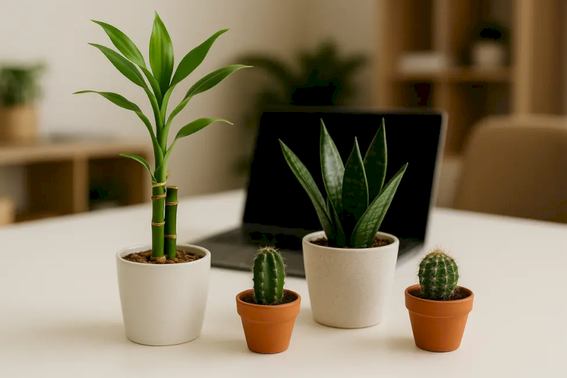 Chậu cây mini giúp góc làm việc thêm phần xanh mát