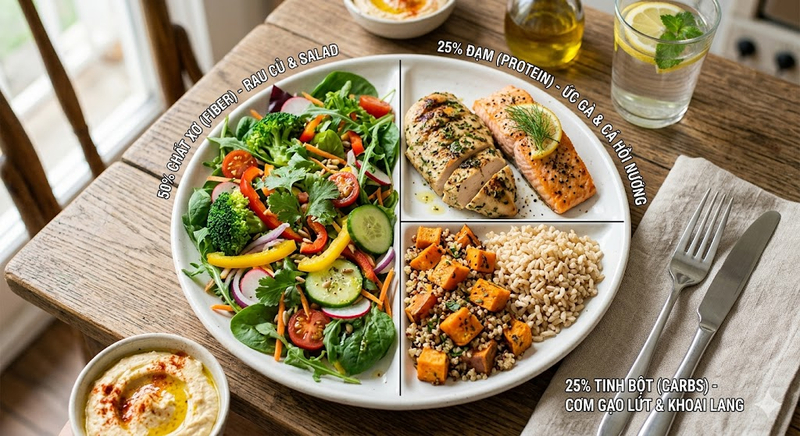 Cân bằng 50% chất xơ, 25% đạm và 25% tinh bột chậm là chìa khóa giảm mỡ an toàn.