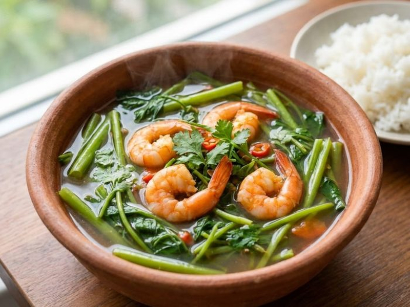 Nước canh chua nhẹ, ngọt tôm, rau muống giòn tươi hấp dẫn