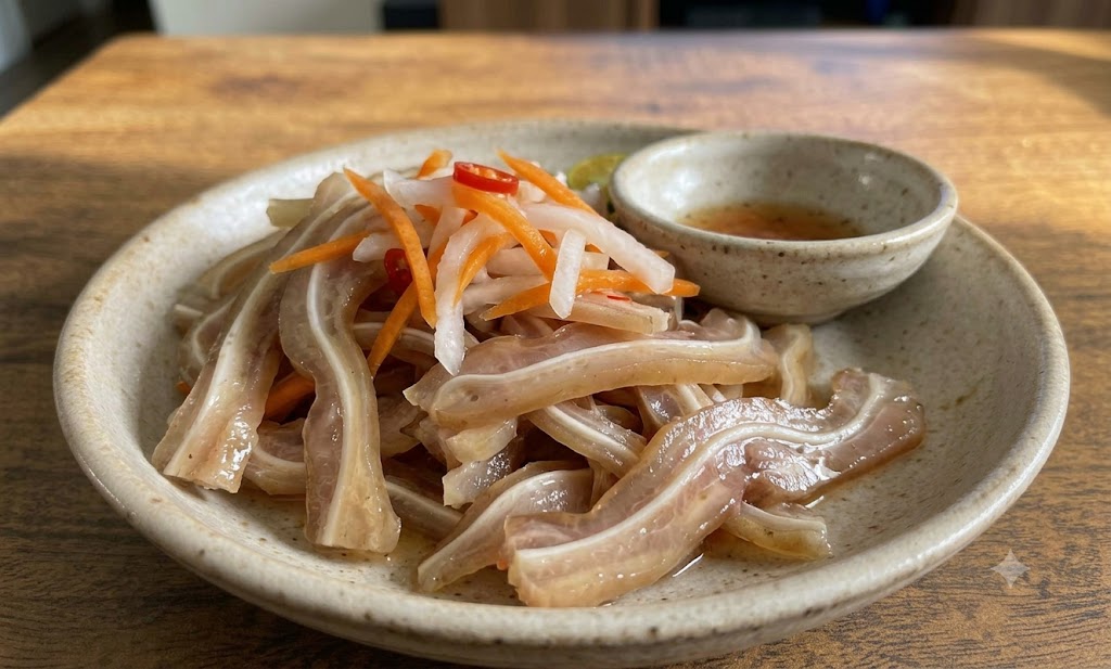 Món ăn mang lại độ giòn sần sật của tai heo hòa với vị chua ngọt của giấm đường. Đây là món chống ngấy rất tốt khi thức khuya xem bóng đá.