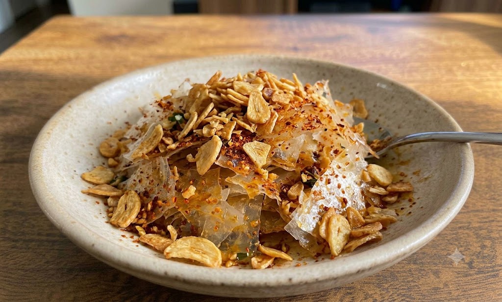Món ăn "rẻ bèo" nhưng nhai cực kỳ vui miệng. Bánh tráng khô xé vụn, trộn cùng muối tôm, sa tế, mỡ hành và thật nhiều tỏi phi thơm phức.