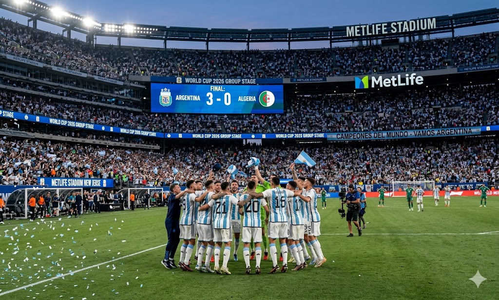 Cầu thủ Argentina ăn mừng chiến thắng tưng bừng 3-0 trước đại diện châu Phi Algeria tại vòng bảng World Cup 2026