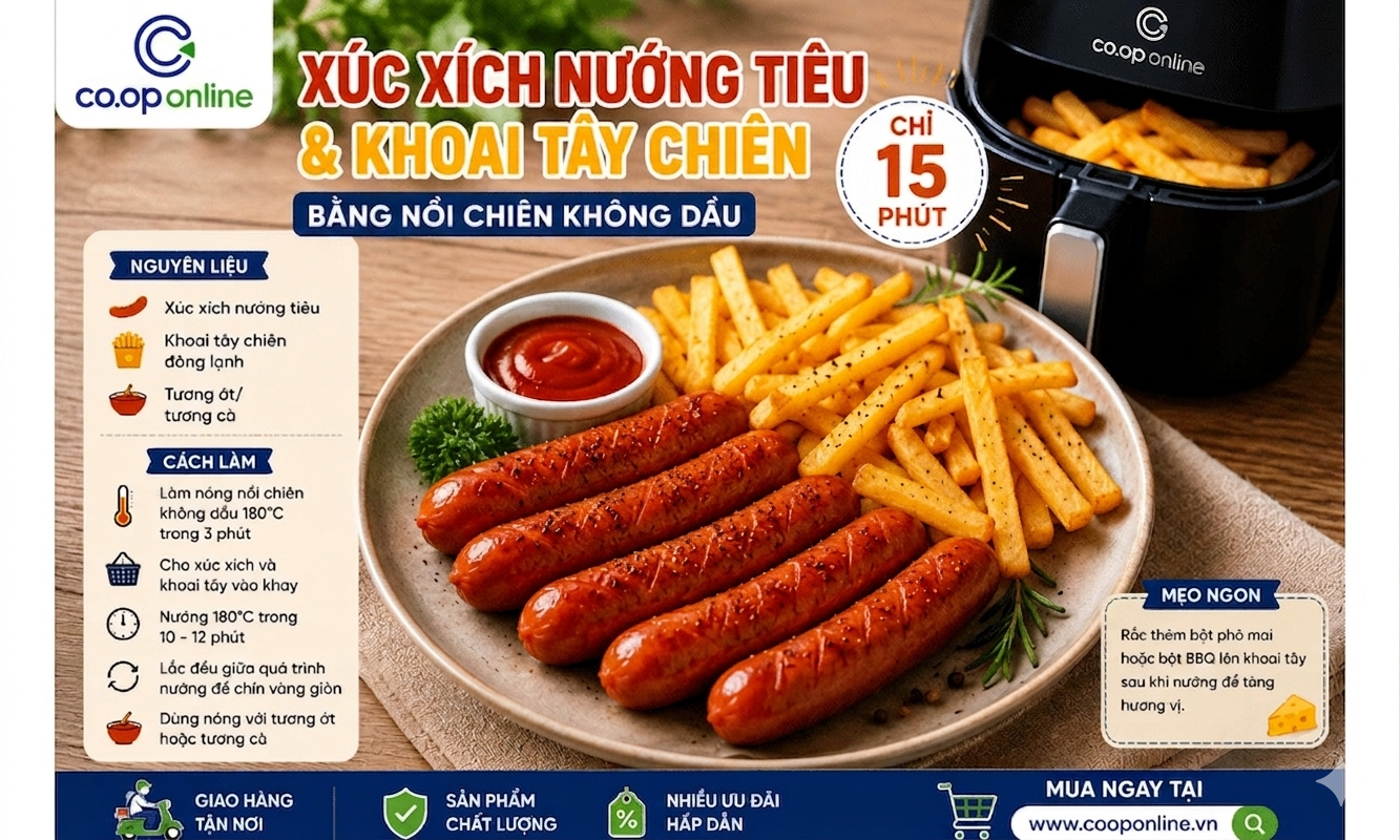 Xúc xích nướng tiêu và khoai tây chiên tiện lợi, hạn chế dầu mỡ