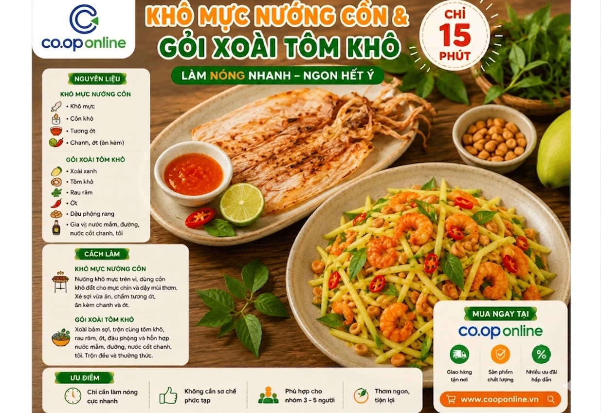 Khô mực nướng cồn và gọi xoài tôm khô siêu bắt vị