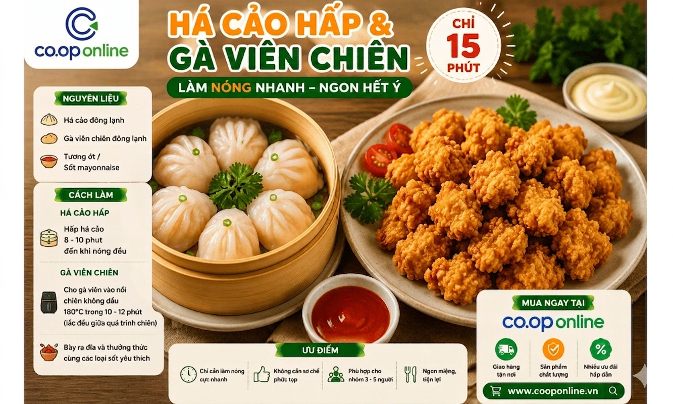 Há cảo hấp và gà viên chiên nhanh gọn, dễ làm