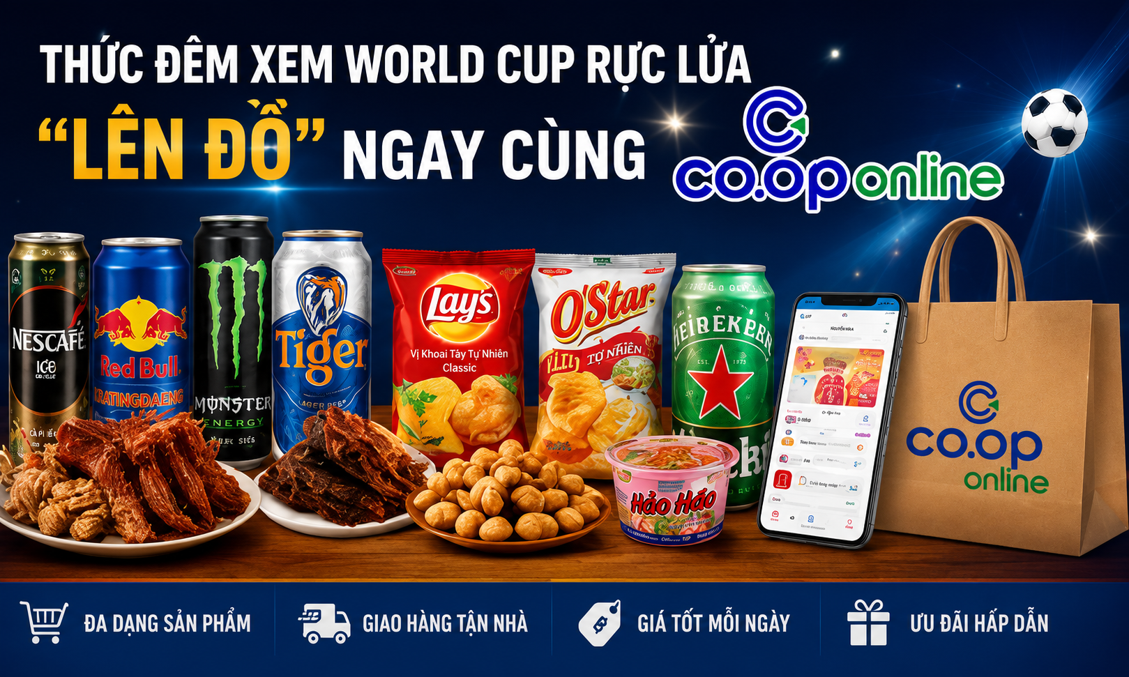 Lên đồ ăn vặt, nước uống và tiếp lửa cho đêm bóng đá rực lửa cùng Co.op Online