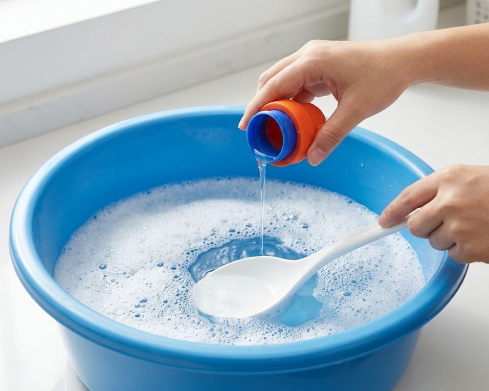 Hướng dẫn pha loãng thuốc tẩy quần áo màu với nước lạnh và bột giặt đúng tỷ lệ để tẩy vết bẩn an toàn.