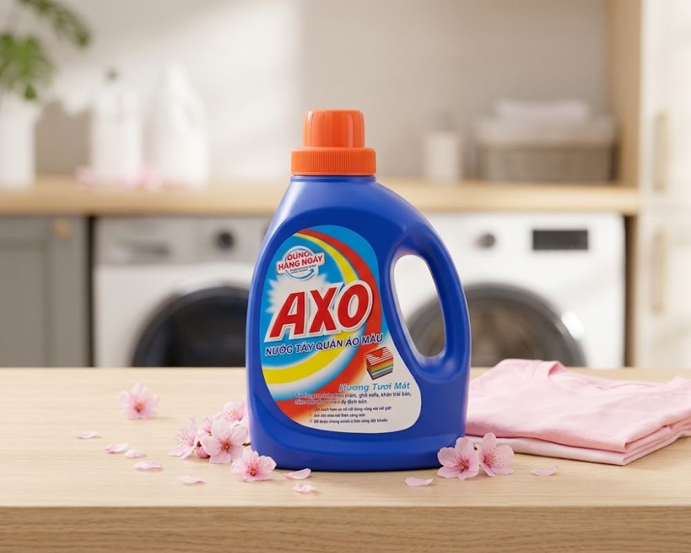 Nước tẩy quần áo màu AXO với hương hoa anh đào dịu nhẹ, giữ màu áo quần như mới.