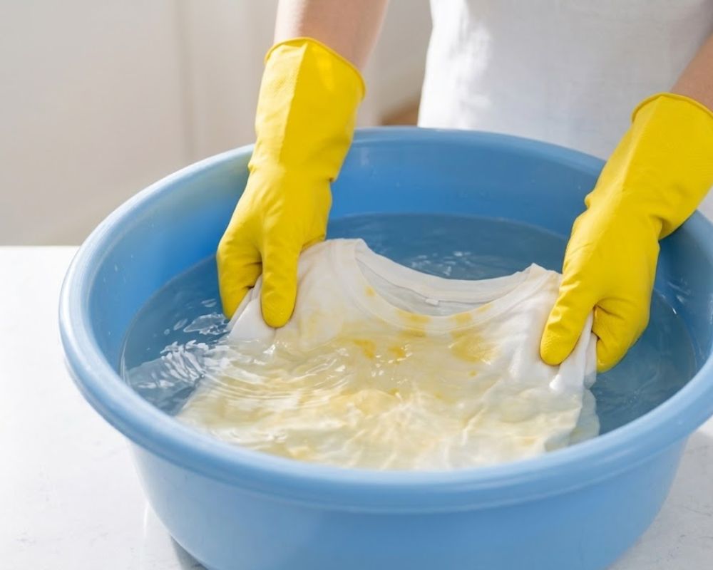 Ngâm quần áo với thuốc tẩy đã pha loãng trước khi giặt
