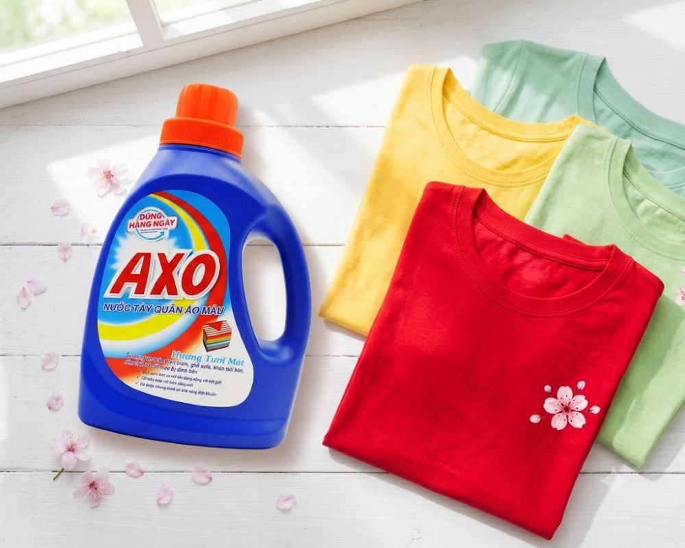 Review nước tẩy quần áo màu AXO với hương hoa anh đào dịu nhẹ, giữ màu áo quần như mới.