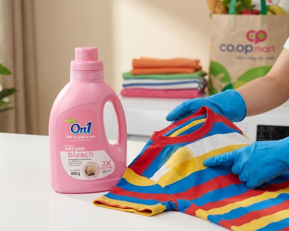 Nước tẩy quần áo màu On1 dịu nhẹ bảo vệ độ đàn hồi của sợi vải và an toàn cho làn da nhạy cảm.