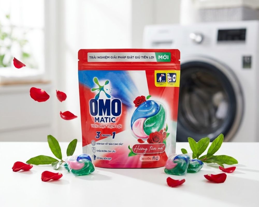 Viên giặt OMO 3 trong 1 với khả năng làm sạch vượt trội, bảo vệ màu sắc và lưu hương dài lâu.